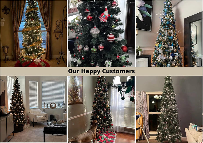 Vienna 7.5ft Prelit Slim Artificial Christmas Tree with 1102 Branch Tips, 350 Warm Lights and Metal Stand, 34" Wide Realistic Skinny Pencil Christmas Tree with Lights by Naomi Home