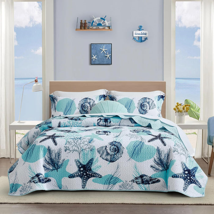 Tritard 3 Piece Coastal Quilt Sets Full/Queen Size - Reversible Microfiber Quilts with 2 Shams Soft Lightweight Beach Bedding Nautical Bedspread Coverlet Summer Comforter for All Season, 90''x96'', C1