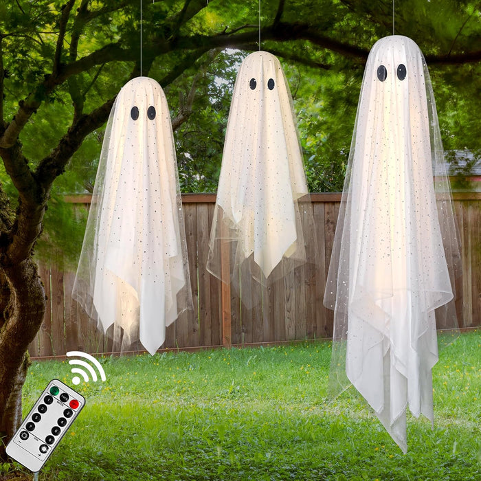 2Packs Halloween Decorations Outdoor,Halloweens Party Decoration Indoor,Spooky Ghost with Remote Control String Lights,Halloween-Ghost Lights for Porches Yards Gardens Lawn