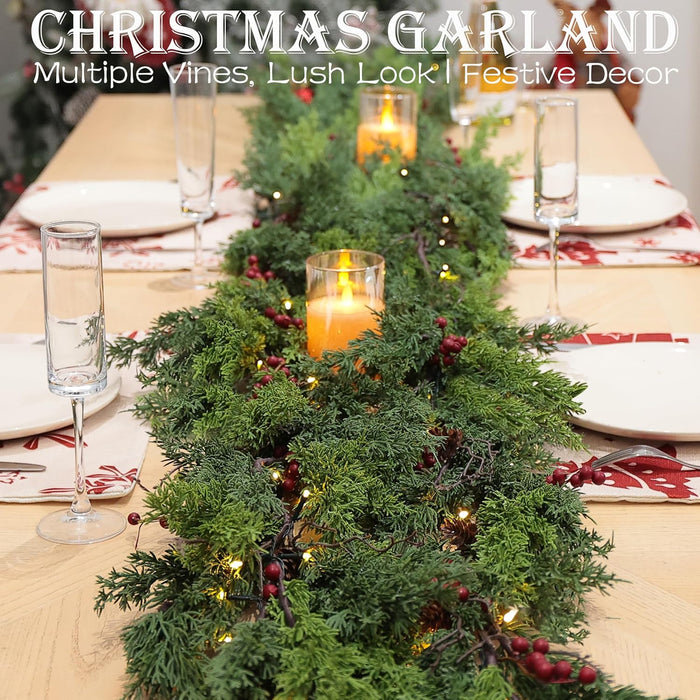 6 Feet Artificial Christmas Garland - Real Touch Cedar Garland - Christmas Decorations for Table,Fireplace,Mantle,Wall, Indoor Outdoor -Garland for Christmas Decorations - Free Battery LED Lights