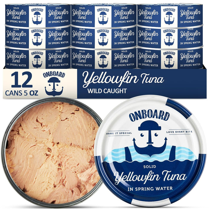 ONBOARD Premium Yellowfin Tuna in Olive Oil - 12 Pack Solid Light 5 Oz Cans Sustainably Wild Caught Canned Tuna, Non GMO, Gluten Free, Tinned Fish 24g Protein - Ingredient Rich Fish for Salad and Recipes