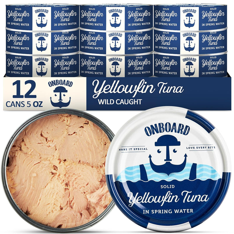 ONBOARD Premium Yellowfin Tuna in Olive Oil - 12 Pack Solid Light 5 Oz Cans Sustainably Wild Caught Canned Tuna, Non GMO, Gluten Free, Tinned Fish 24g Protein - Ingredient Rich Fish for Salad and Recipes