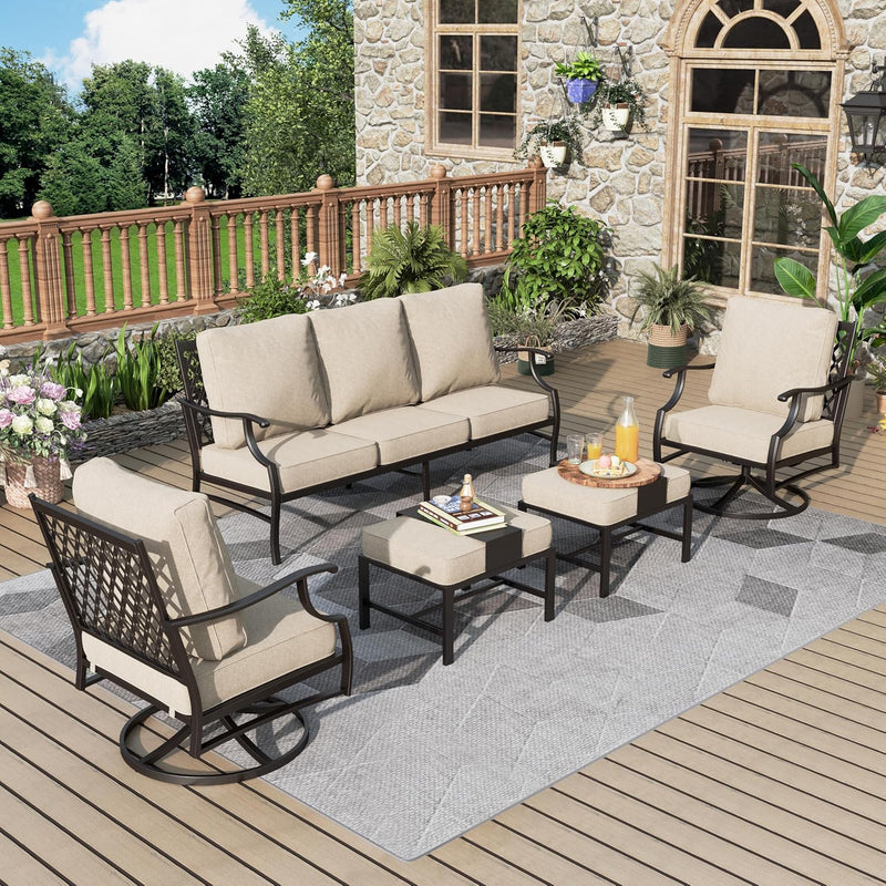 Patio Furniture Set 5 pcs, Outdoor Patio Furniture, 3-Seat Sofa, 2 Swivel Chairs, 2 Ottomans and 5.75" Extra Thick Cushion, Patio Conversation Set for Garden Backyard Deck,Red