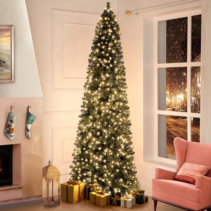 Vienna 7.5ft Prelit Slim Artificial Christmas Tree with 1102 Branch Tips, 350 Warm Lights and Metal Stand, 34" Wide Realistic Skinny Pencil Christmas Tree with Lights by Naomi Home