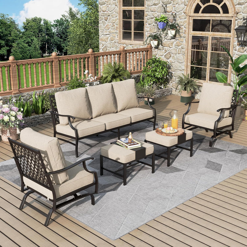 Patio Furniture Set 5 pcs, Outdoor Patio Furniture, 3-Seat Sofa, 2 Swivel Chairs, 2 Ottomans and 5.75" Extra Thick Cushion, Patio Conversation Set for Garden Backyard Deck,Red
