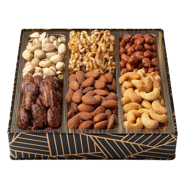 Oh! Nuts 6 Section Nuts Gift Basket - Gourmet Assorted Nut Gifts Baskets - Healthy Nuts Gift Square Metal Tin Box - Premium Food Gift for Birthday, Holiday, Movie Night, Corporate, Men & Women