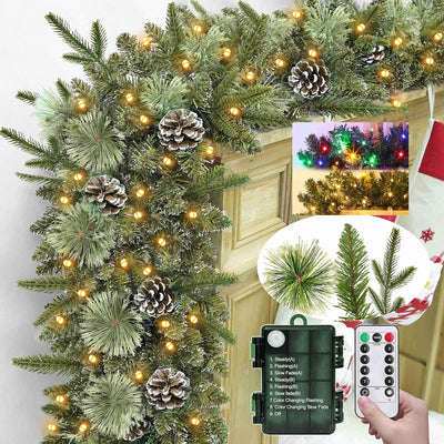 Realistic-Feel PE&Remote-9 Ft by 12 Inch Prelit Norfolk Pine Christmas Garland with Timer 50 Warm White&Color Switch Light 8 Mode,270 Snowy Mixed Lifelike Canyon Pine&Cedar Garland Pinecone Xmas Decor