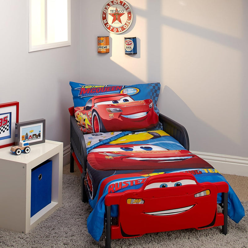 Disney Mickey's Big Adventure Blue, Red, Yellow & Green 4Piece Toddler Bed Set - Comforter, Fitted Bottom Sheet, Flat Top Sheet, Reversible Pillowcase, Blue, Red, Yellow, Green