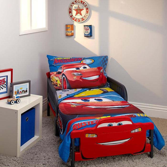 Disney Mickey's Big Adventure Blue, Red, Yellow & Green 4Piece Toddler Bed Set - Comforter, Fitted Bottom Sheet, Flat Top Sheet, Reversible Pillowcase, Blue, Red, Yellow, Green