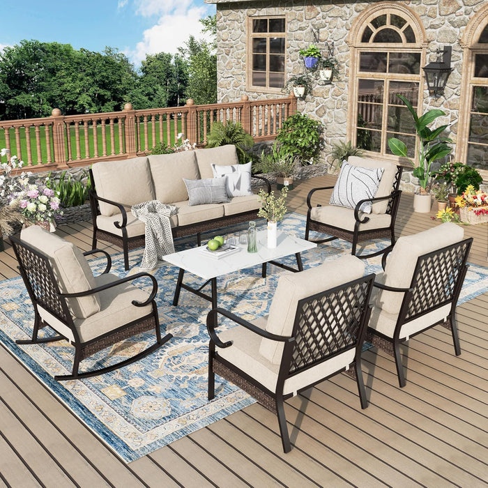 Patio Furniture Set with Coffee Table, Outdoor Conversation Set with 2 x Rocking Chairs, 1 x 2-Seat Sofa, 1 x 3-Seat Sofa for Lawn Garden Backyard, Beige