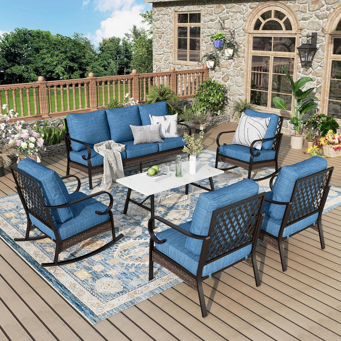 Patio Furniture Set with Coffee Table, Outdoor Conversation Set with 2 x Rocking Chairs, 1 x 2-Seat Sofa, 1 x 3-Seat Sofa for Lawn Garden Backyard, Beige