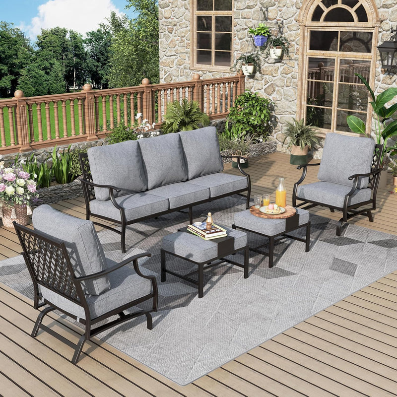 Patio Furniture Set 5 pcs, Outdoor Patio Furniture, 3-Seat Sofa, 2 Swivel Chairs, 2 Ottomans and 5.75" Extra Thick Cushion, Patio Conversation Set for Garden Backyard Deck,Red
