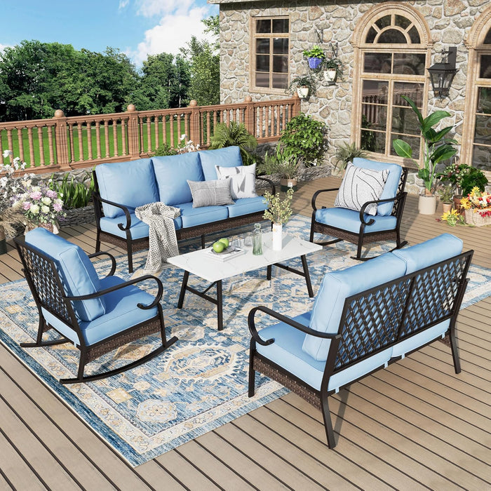 Patio Furniture Set with Coffee Table, Outdoor Conversation Set with 2 x Rocking Chairs, 1 x 2-Seat Sofa, 1 x 3-Seat Sofa for Lawn Garden Backyard, Beige