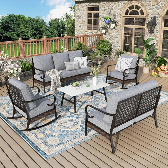 Patio Furniture Set with Coffee Table, Outdoor Conversation Set with 2 x Rocking Chairs, 1 x 2-Seat Sofa, 1 x 3-Seat Sofa for Lawn Garden Backyard, Beige