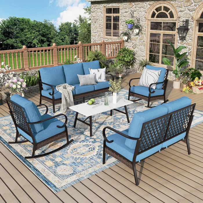 Patio Furniture Set with Coffee Table, Outdoor Conversation Set with 2 x Rocking Chairs, 1 x 2-Seat Sofa, 1 x 3-Seat Sofa for Lawn Garden Backyard, Beige