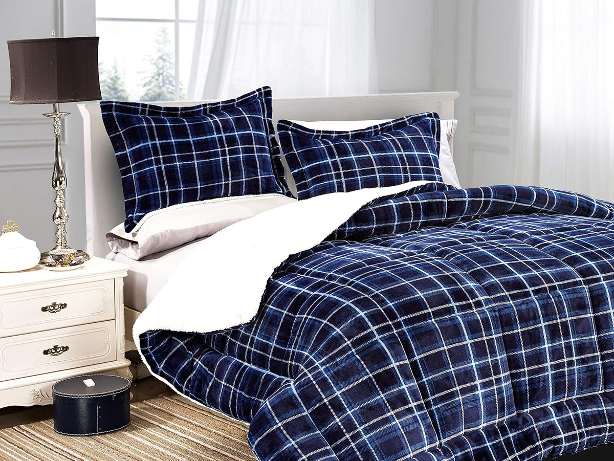 Elegant Comfort Softest, Coziest Heavy Weight Plaid Pattern Micromink Sherpa-Backing Premium Quality Down Down Alternative Micro-Suede 3-Piece Reversible Comforter Set, King/Cal King, Burgundy