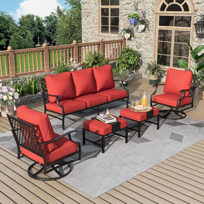 Patio Furniture Set 5 pcs, Outdoor Patio Furniture, 3-Seat Sofa, 2 Swivel Chairs, 2 Ottomans and 5.75" Extra Thick Cushion, Patio Conversation Set for Garden Backyard Deck,Red