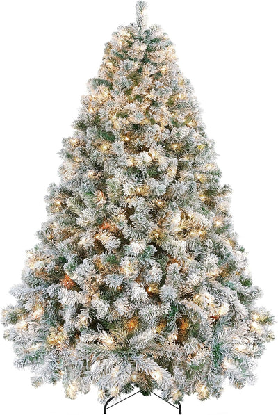 Yaheetech 6ft Pre-lit Artificial Christmas Tree with Incandescent Warm White Lights, Snow Flocked Full Prelighted Xmas Tree W/820 Branch Tips, 250 Incandescent Lights & Foldable Stand, Green & White