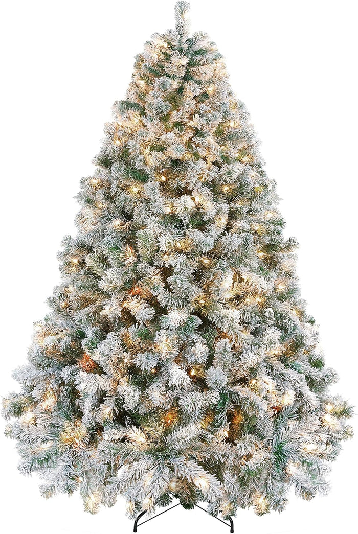 Yaheetech 6ft Pre-lit Artificial Christmas Tree with Incandescent Warm White Lights, Snow Flocked Full Prelighted Xmas Tree W/820 Branch Tips, 250 Incandescent Lights & Foldable Stand, Green & White