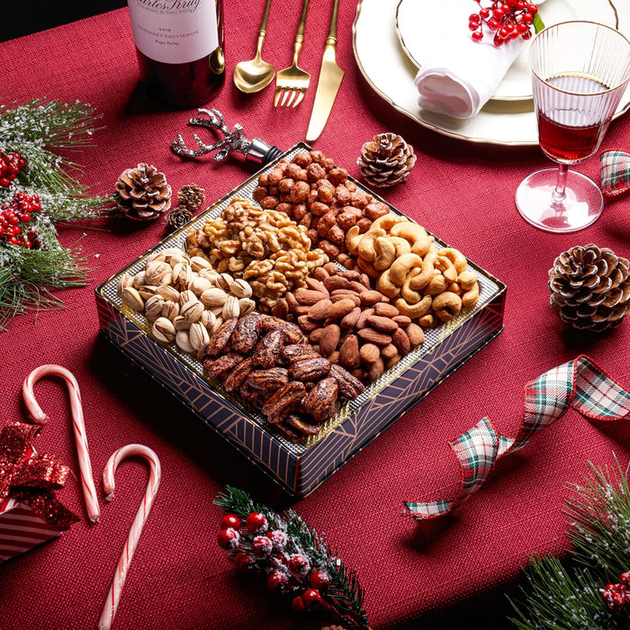Oh! Nuts 6 Section Nuts Gift Basket - Gourmet Assorted Nut Gifts Baskets - Healthy Nuts Gift Square Metal Tin Box - Premium Food Gift for Birthday, Holiday, Movie Night, Corporate, Men & Women
