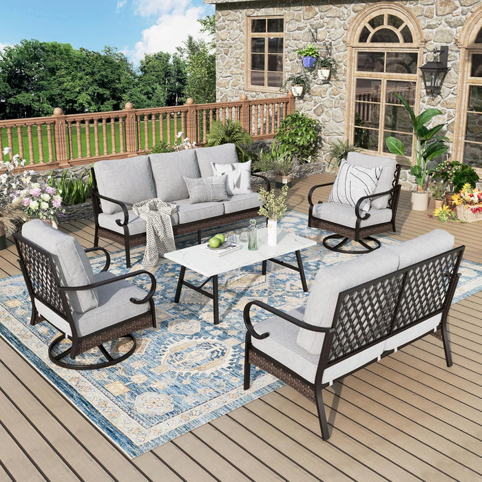 Patio Furniture Set with Coffee Table, Outdoor Conversation Set with 2 x Rocking Chairs, 1 x 2-Seat Sofa, 1 x 3-Seat Sofa for Lawn Garden Backyard, Beige