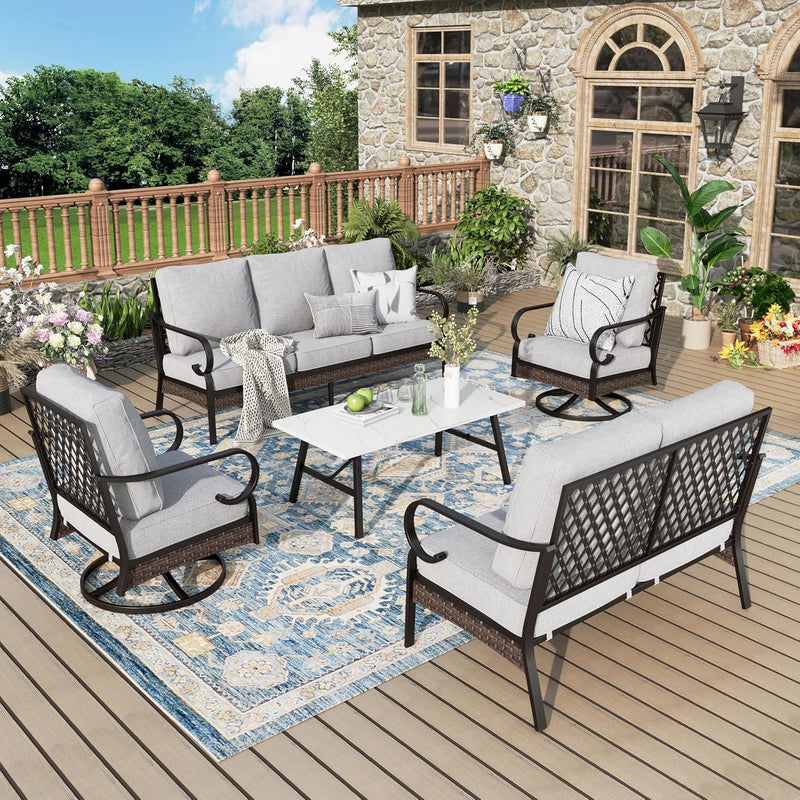 Patio Furniture Set with Coffee Table, Outdoor Conversation Set with 2 x Rocking Chairs, 1 x 2-Seat Sofa, 1 x 3-Seat Sofa for Lawn Garden Backyard, Beige