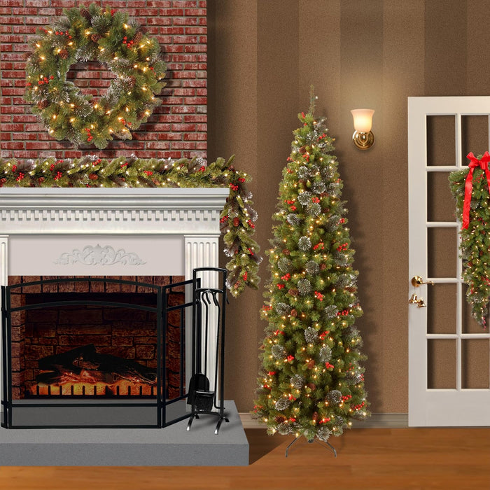 National Tree Company Pre-Lit Artificial Christmas Garland, Green, Crestwood Spruce, White Lights, Decorated with Glitter, Pinecones, Berry Clusters, Battery Operated, Christmas Collection, 9 Feet